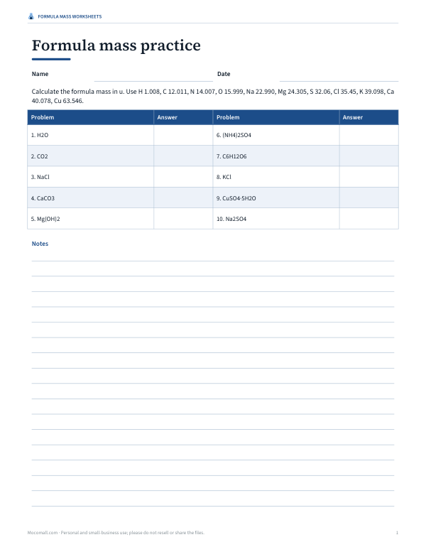 Preview of Printable Formula Mass Practice Sheet